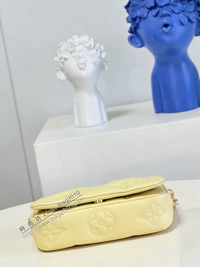 LV專櫃2023新款Wallet on Strap手袋 M81400黃 路易威登Bubblegram系列牛皮壓花鏈條肩背包 dn1206